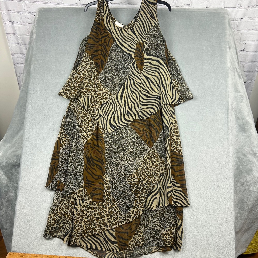 Roamans Women Animal Print Patchwork Tiered Midi Dress Brown Tan Sleeveless Flaw